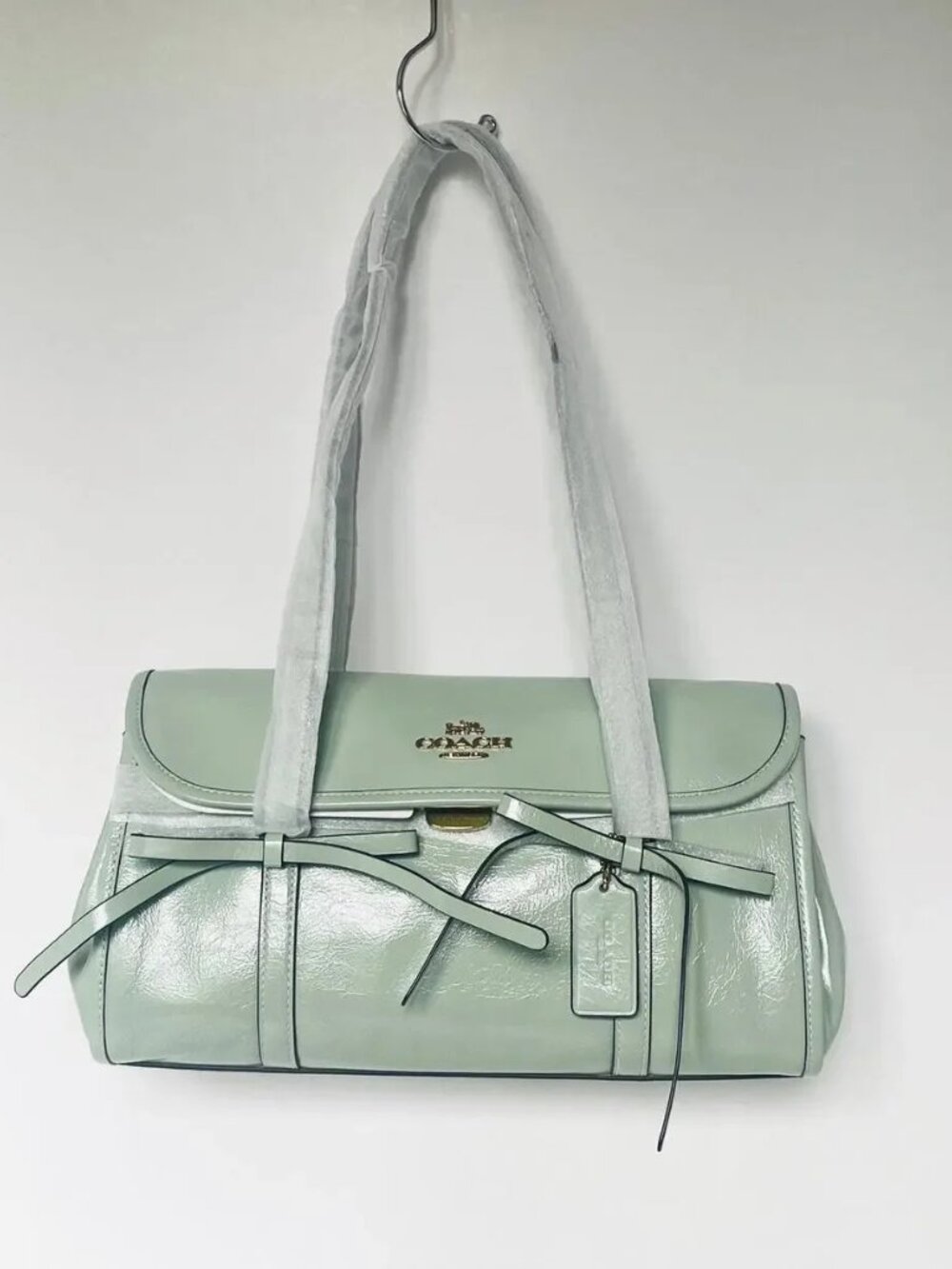 Coach Sage Green Crinkled Patent Leather Shoulder Bag Bow Detail Flap Satchel Go